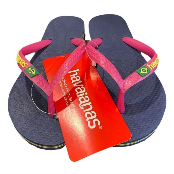 NEW Havaianas Slim Navy Blue Pink Flip Flop Sandals 11 12 11C 12C - Picture 2 of 4